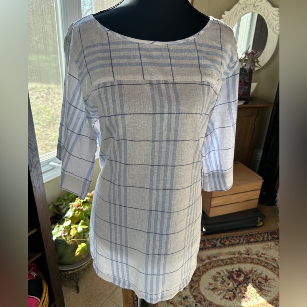 Liz Claiborne Blue and White Checkered Top with Tie Back Size L